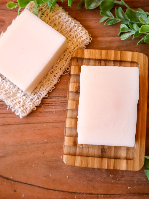 Grandma Lucy's Lard Soap on a wood soap dish