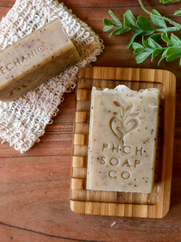 tan mechanic soap on wood background